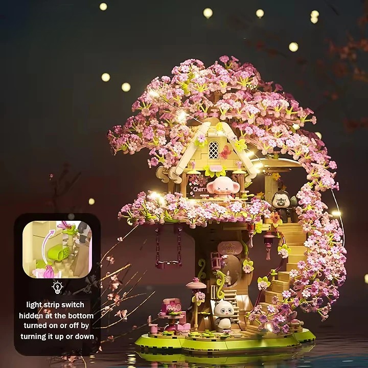 New Arrival Beautiful Building Block Set Cherry Bloom Tree House with Cute Panda Romantic Cherry Tree House Block Set - Image 7