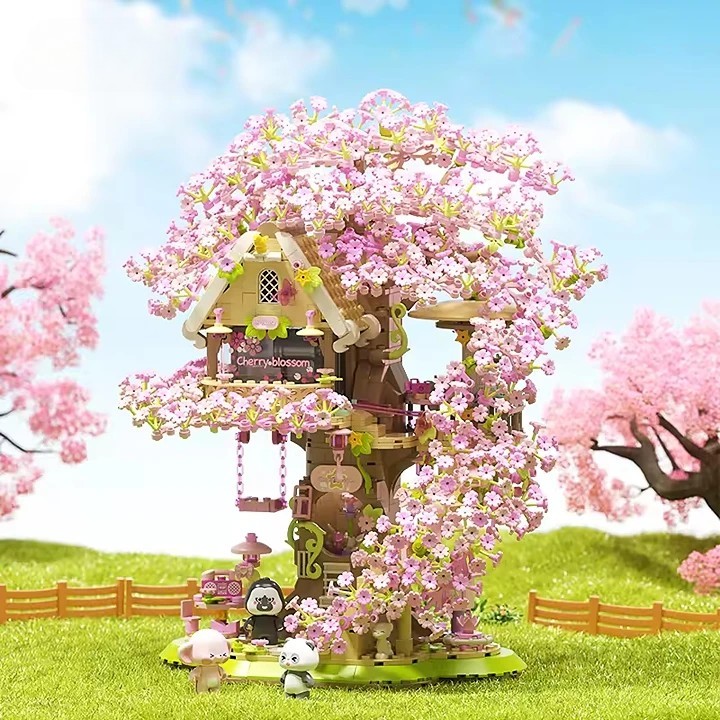 New Arrival Beautiful Building Block Set Cherry Bloom Tree House with Cute Panda Romantic Cherry Tree House Block Set - Image 5