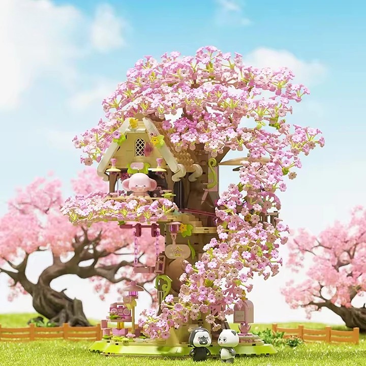 New Arrival Beautiful Building Block Set Cherry Bloom Tree House with Cute Panda Romantic Cherry Tree House Block Set - Image 3