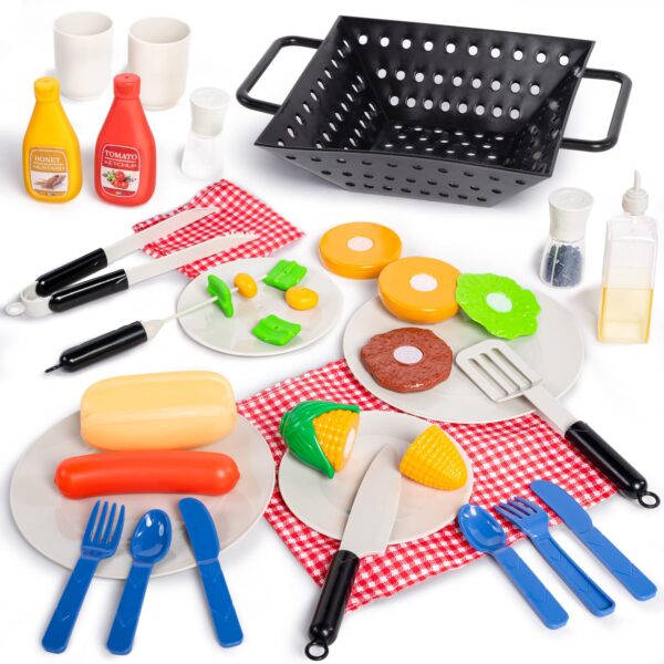 34 Pcs BBQ Play Grill Kitchen Toy Set Barbecue Cooking Play Set With Realistic Light Sound for Kid - Image 4