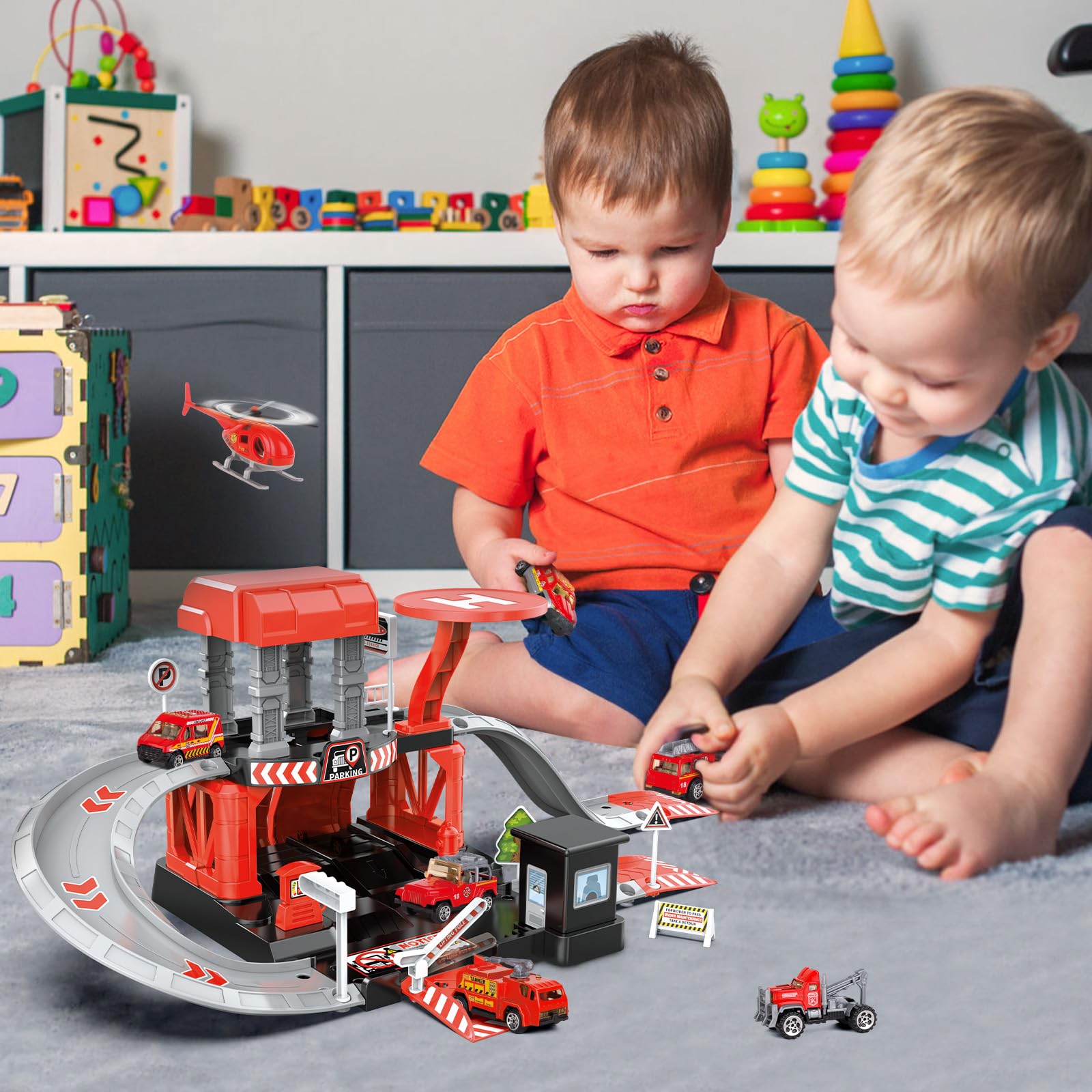 Fire Station Toys Building Block Set Diecast Garage Track Alloy Metal Design Parking Lot Game Plastic Toy - Image 3
