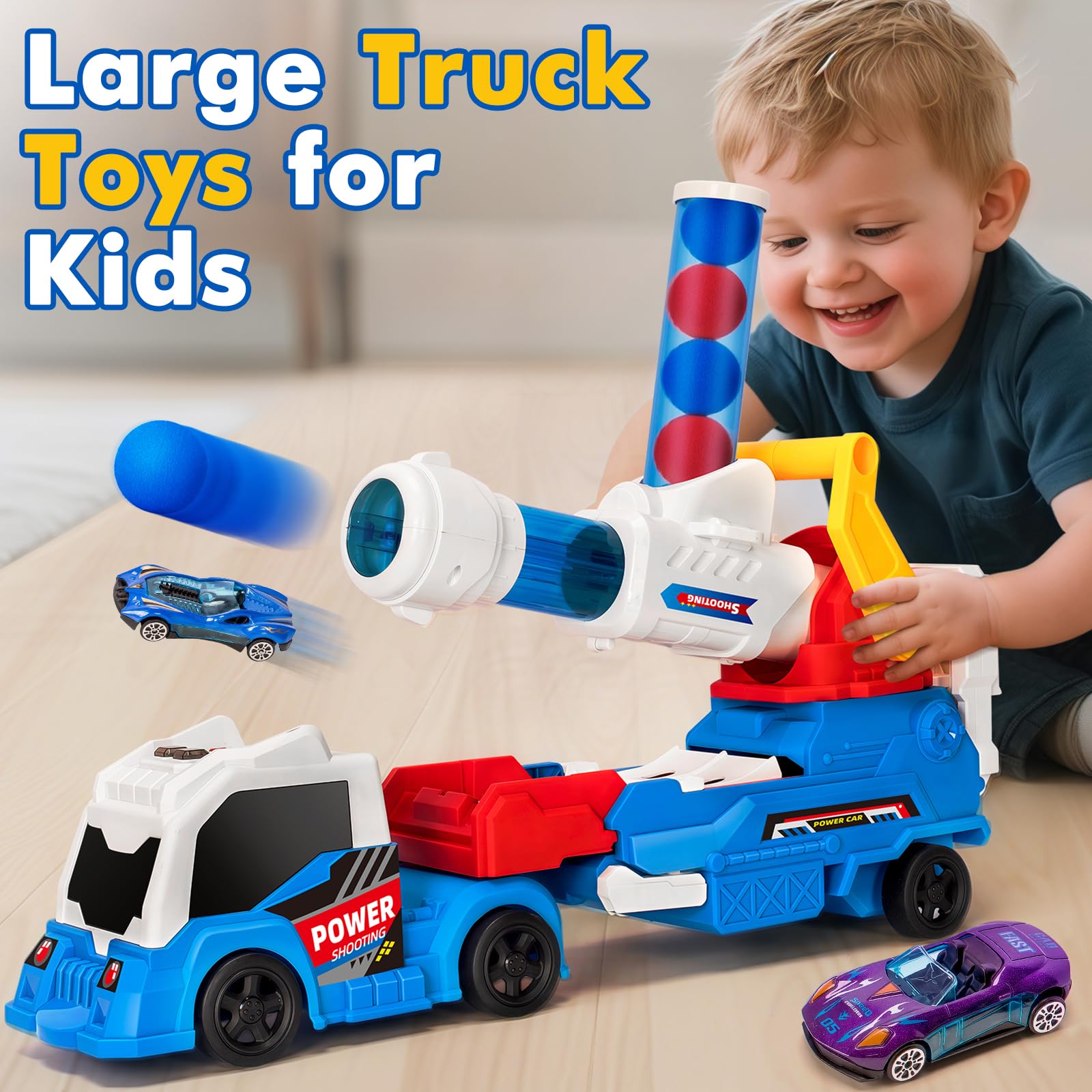2 in 1Shooting Game Toy Guns Soft Balls Cannonballs Transport Semi Shooting Truck Toy Car with 2 Mini Racing Cars - Image 3
