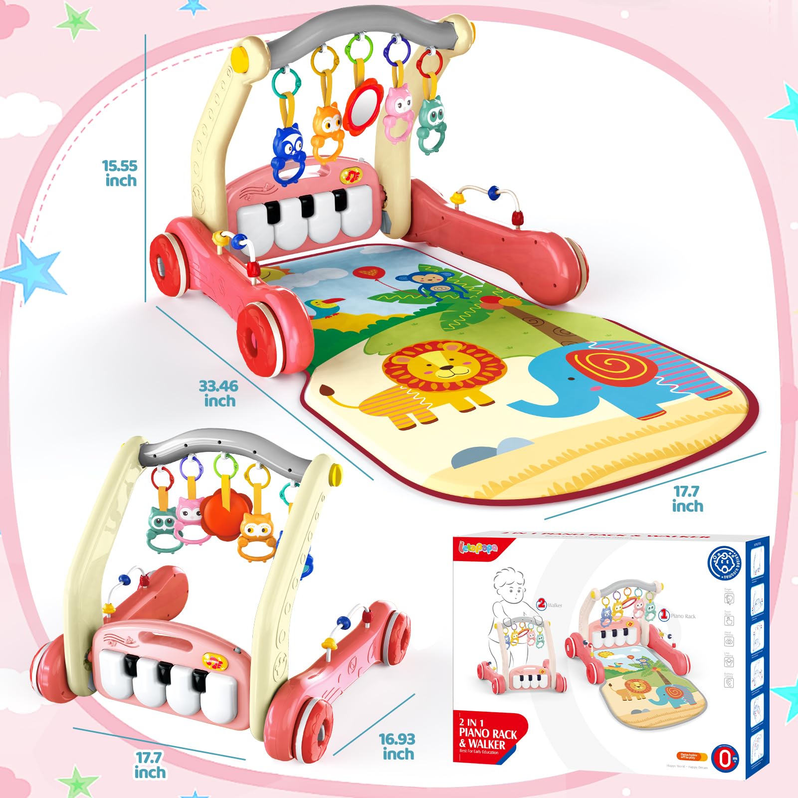 2 in 1 Multifunction Infant Activity Gym Adjustable Baby Walker Piano Fitness Play Mat Toy - Image 3